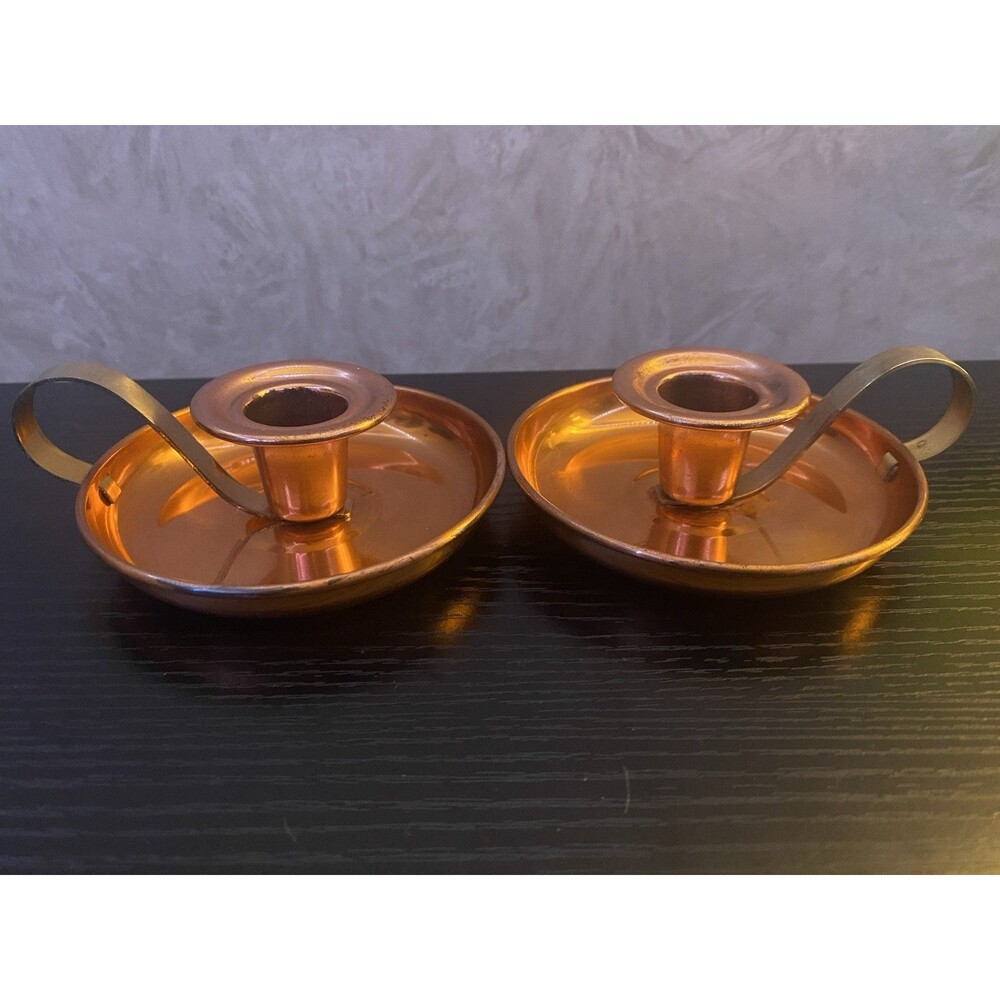 Vintage coppercraft guild candle holders copper saucers with brass loop handles